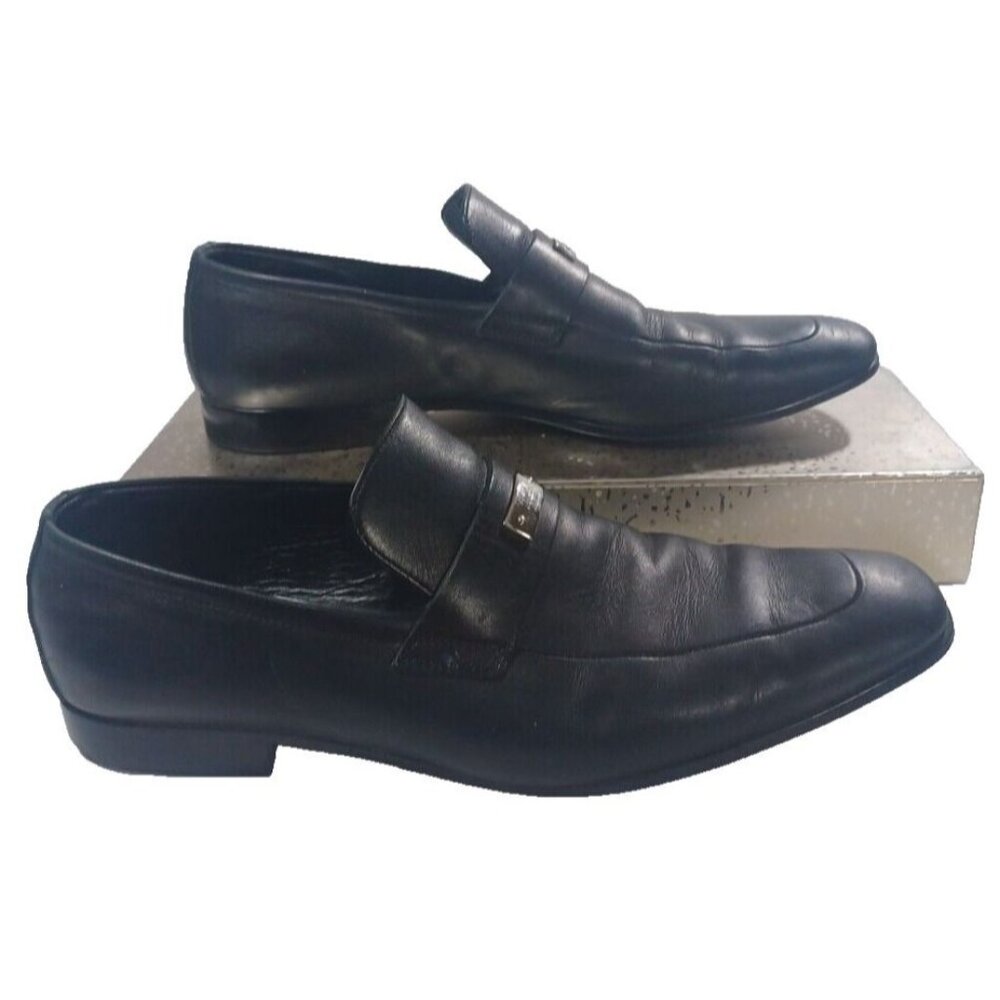 Men's Gucci Florence Black Leather Slip On Loafers Silver G Spell Out Logo - Picture 3 of 9